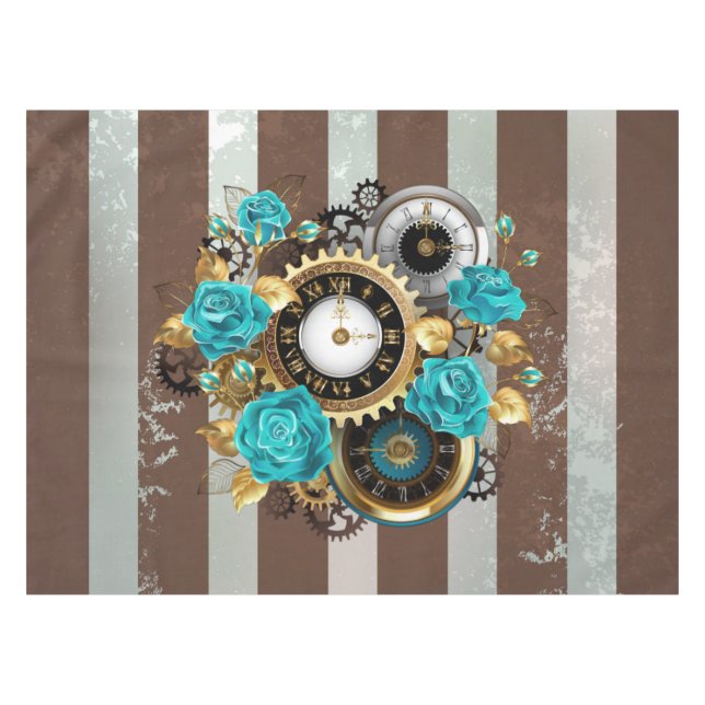 Nappe Steampunk Clock and Turquoise Roses on Striped (Devant (Horizontal))