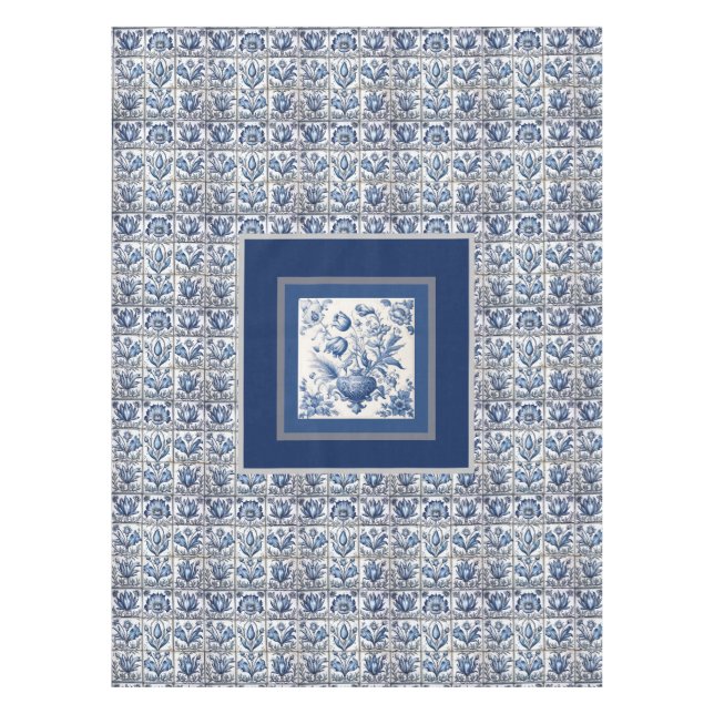 Nappe Superbe monogramme floral Bleu toile de jouy (Devant)