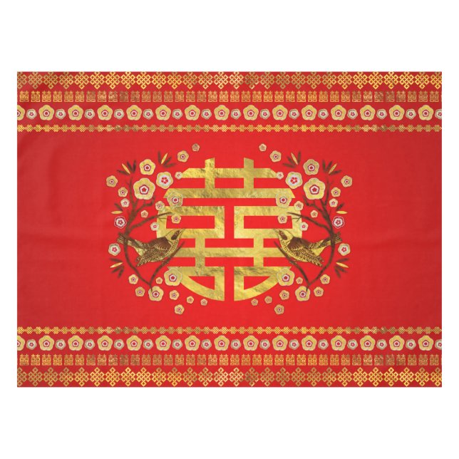 Nappe Symbole Gold Double Happiness avec fleurs et oisea (Devant (Horizontal))
