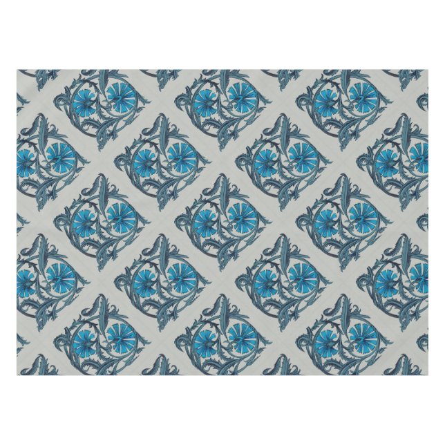 Nappe vintage bleu antique fleurs artisanat rustique (Devant (Horizontal))