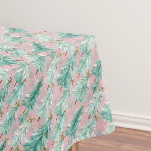 Nappe Whimsical Teal Christmas Trees on Pink  (In Situ)
