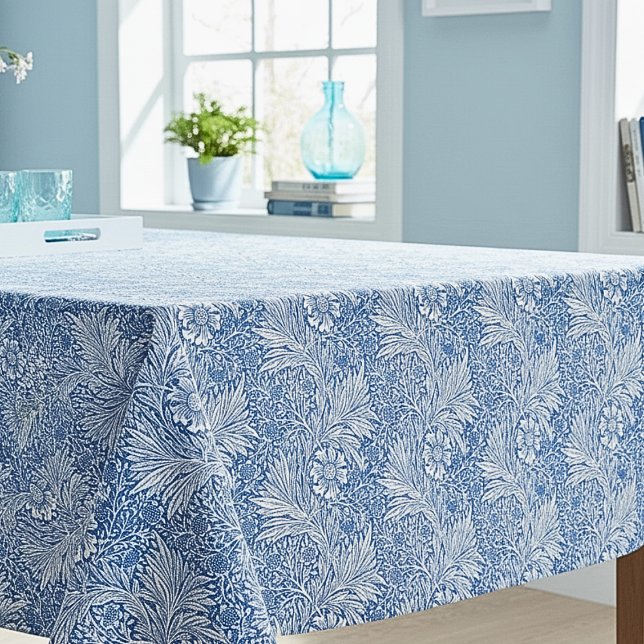Nappe William Morris Marigold Blue Floral (elegant vintage blue and white William Morris floral tablecloth with "Marigold" pattern)