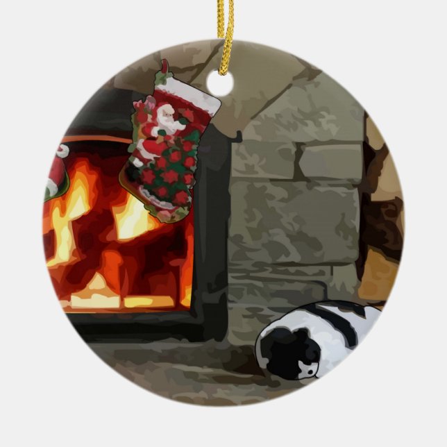 Napping by the Fireplace Ceramic Ornament (Front)