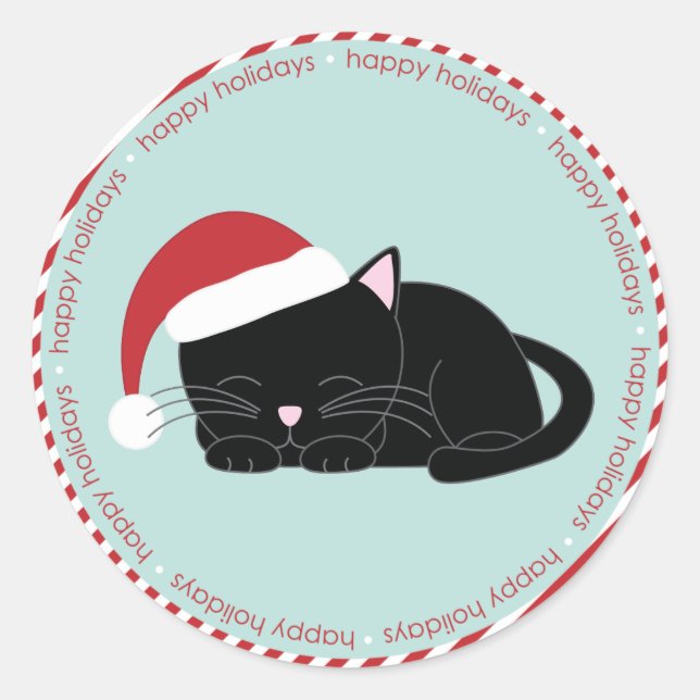 Napping Cat Wearing a Santa Hat Classic Round Sticker (Front)