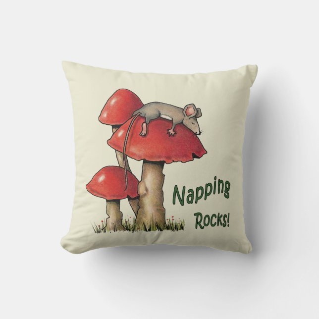 Napping Rocks! Mouse Sleeping on Toadstool Throw Pillow (Front)
