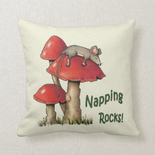 Napping Rocks! Mouse Sleeping on Toadstool Throw Pillow