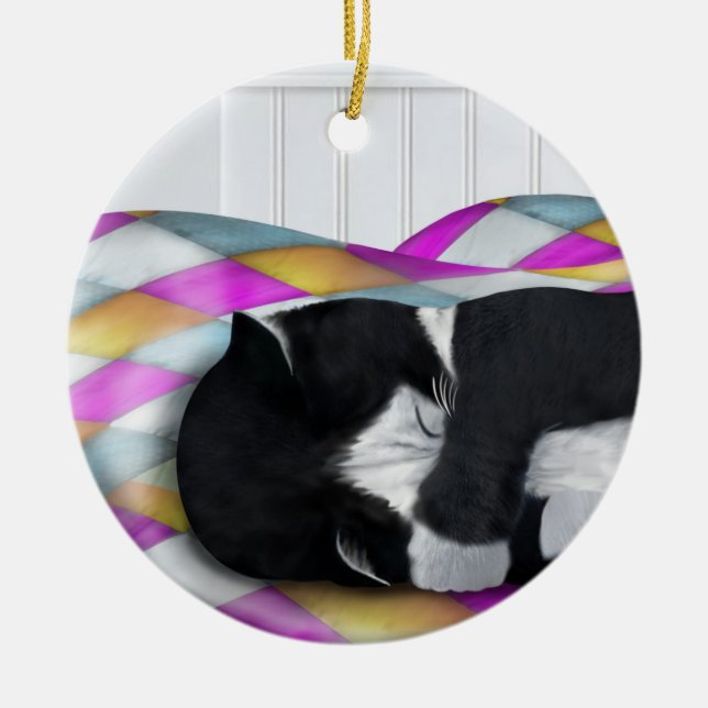 Napping Tuxedo Cat Ceramic Ornament (Front)