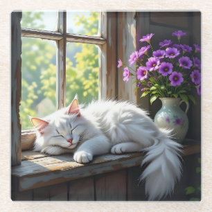 Napping White Cat and Purple Flowers  Glass Coaster