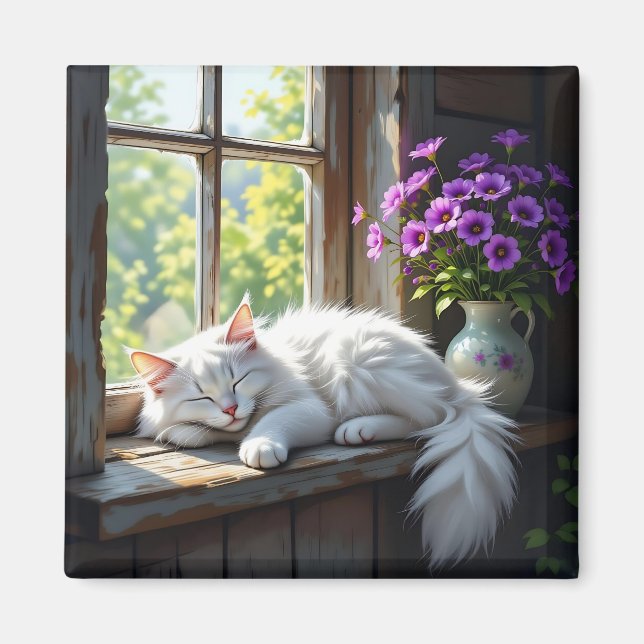 Napping White Cat and Purple Flowers  Magnet (Front)