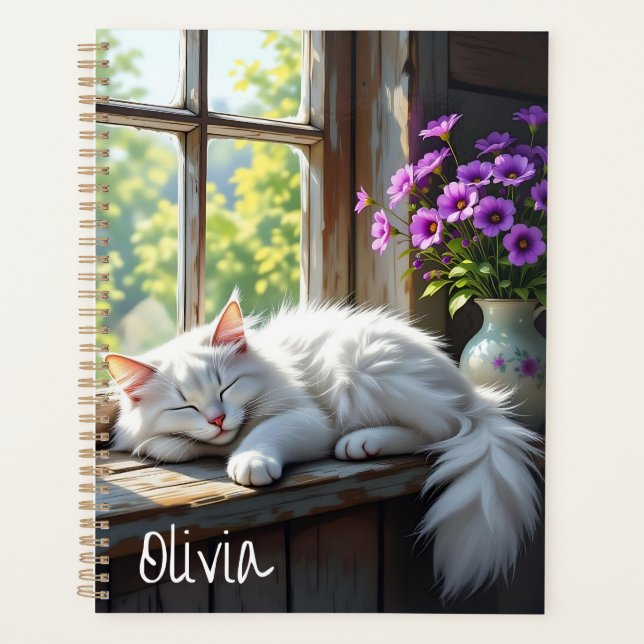 Napping White Cat and Purple Flowers Personalized (Devant)