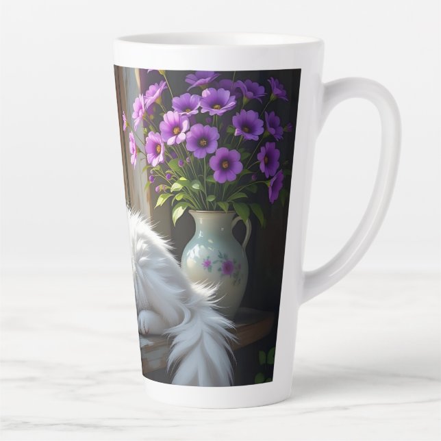 Napping White Cat and Purple Flowers Personalized Latte Mug (Right)