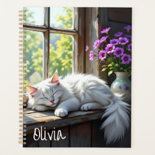 Napping White Cat and Purple Flowers Personalized Planner