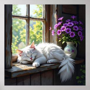 Napping White Cat and Purple Flowers Poster