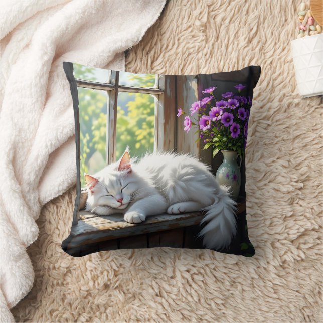 Napping White Cat and Purple Flowers  Throw Pillow (Blanket)