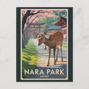Nara Park Japan Deer Illustration Travel Art Retro Postcard