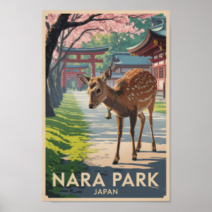 Nara Park Japan Deer Illustration Travel Art Retro Poster