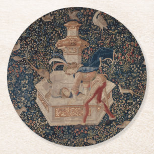 Narcissus at the Well, Medieval Tapestry Round Paper Coaster