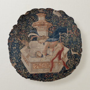 Narcissus at the Well, Medieval Tapestry Round Pillow