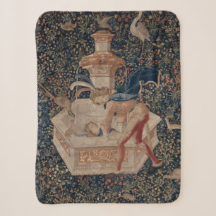 Narcissus at the Well, Medieval Tapestry Sherpa Blanket