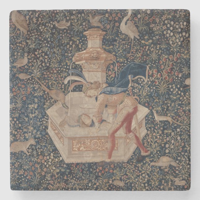 Narcissus at the Well, Medieval Tapestry Stone Coaster (Front)