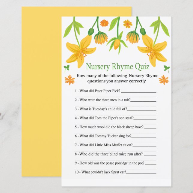 Narcissus Nursery Rhyme Quiz baby shower game (Front/Back)
