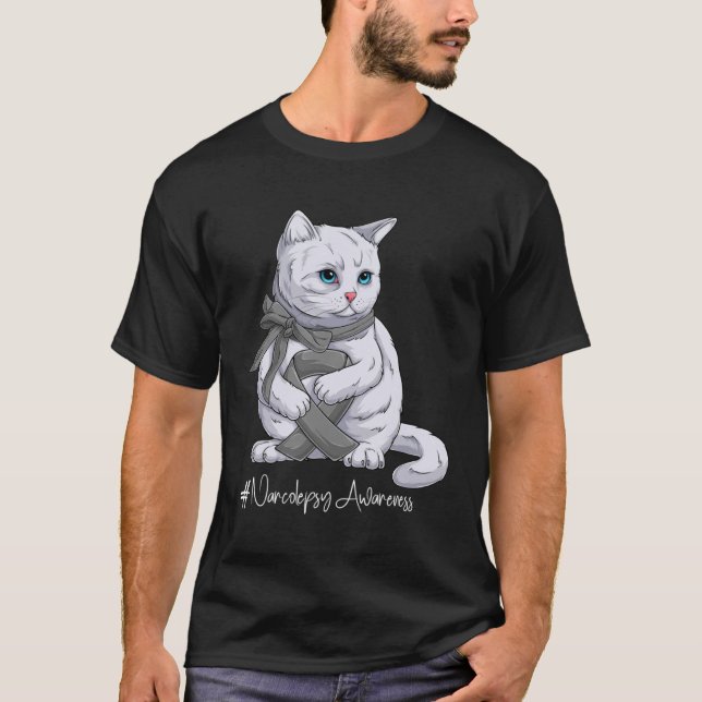 Narcolepsy Awareness Month Grey Ribbon Cat T-Shirt (Front)