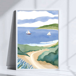 Narragansett Bay Sailboat Coastal RI Watercolor Poster