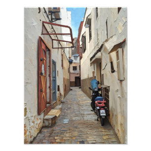 Narrow Alleyway With Motorcycle in Historic Town Photo Print