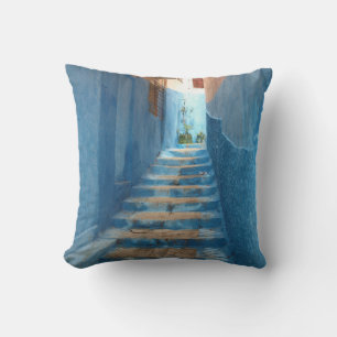 Narrow Blue Stairway in Morocco Throw Pillow