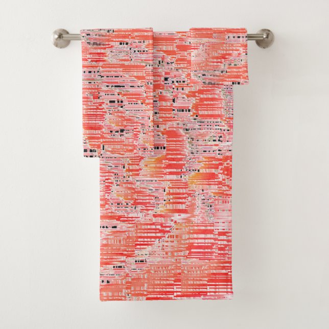 Narrow salmon and peach mosaic effect bath towel set (Insitu)