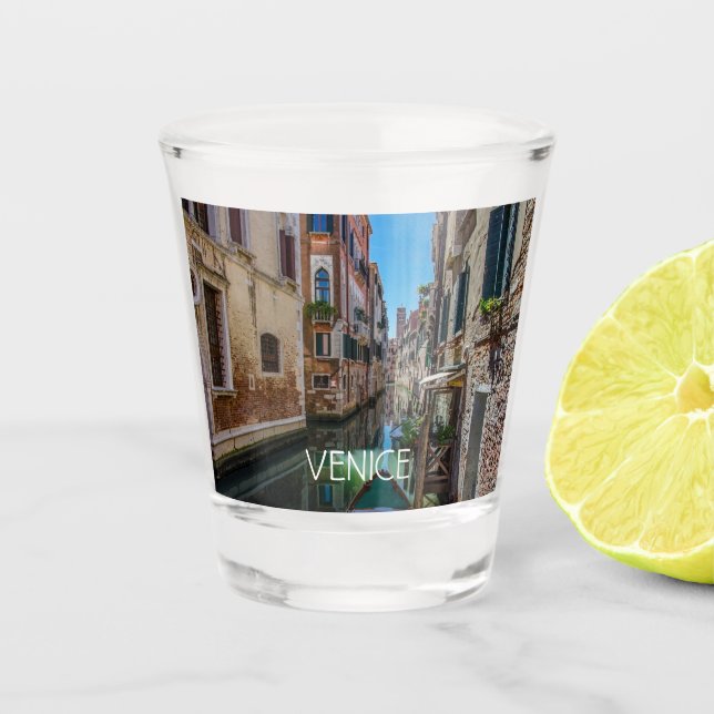 Narrow street with canal in Venice Shot Glass (Front)