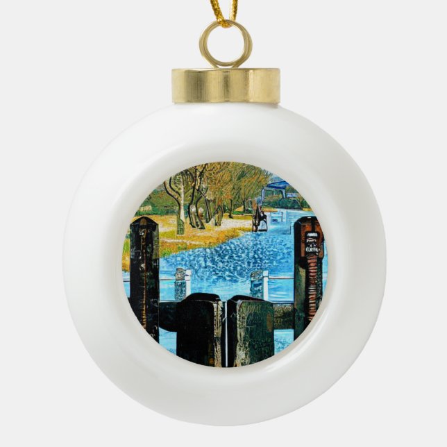 NARROWBOAT LOCK CERAMIC BALL CHRISTMAS ORNAMENT (Front)