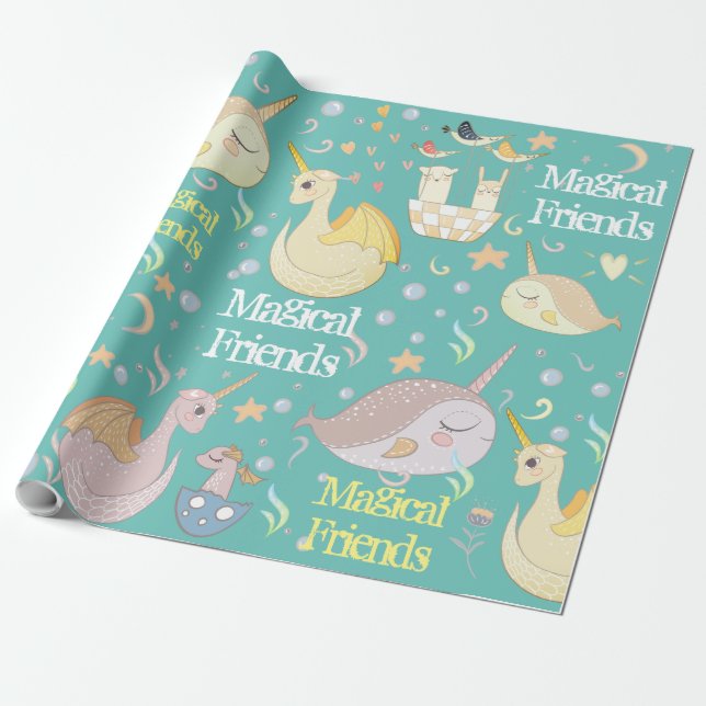 Narwhal and Dragon Friends Teal Personalized Wrapping Paper (Unrolled)