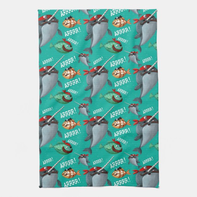 Narwhal and Fish Pirate Pattern Kitchen Towel (Vertical)