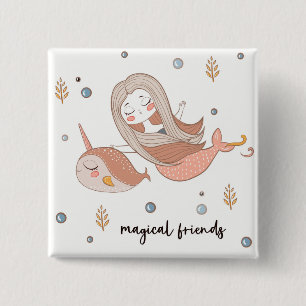 Narwhal and Mermaid Magical Friends. 2 Inch Square Button