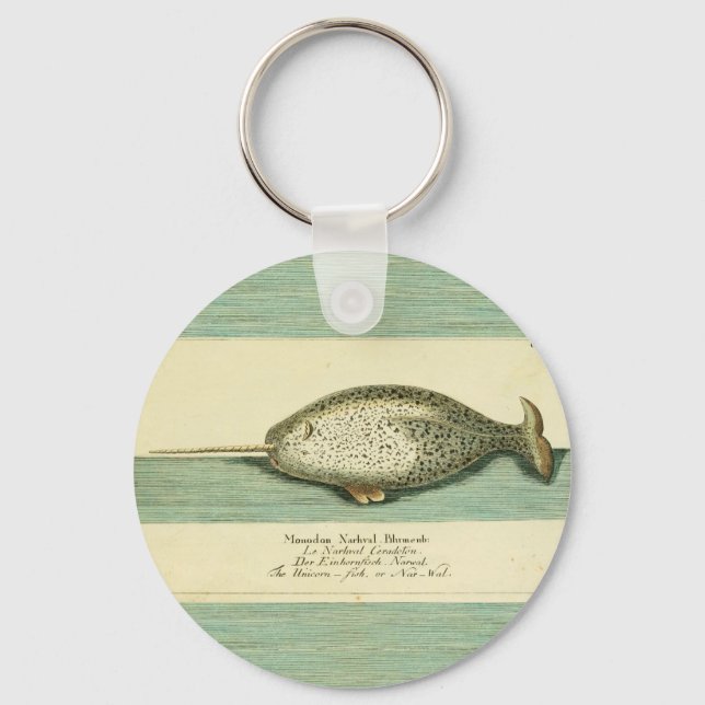 Narwhal Antique Whale Watercolor Scientific Art Keychain (Front)
