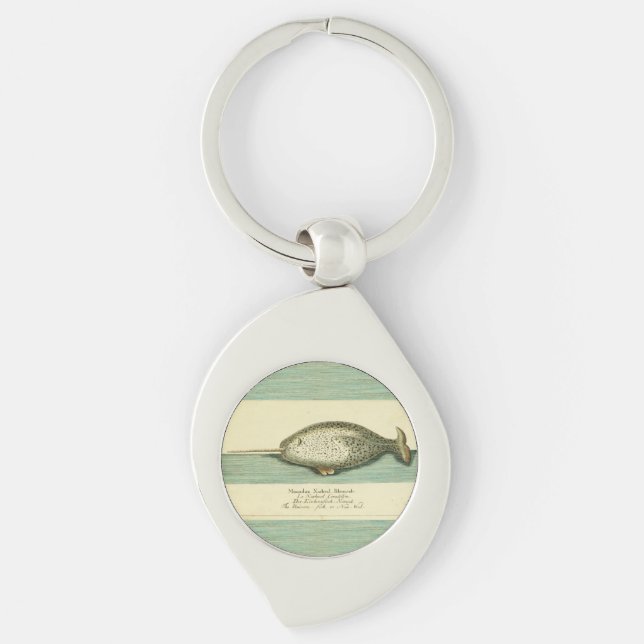 Narwhal Antique Whale Watercolor Scientific Art Keychain (Front)
