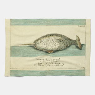 Narwhal Antique Whale Watercolor Scientific Art Kitchen Towel