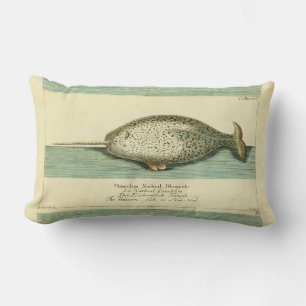 Narwhal Antique Whale Watercolor Scientific Art Lumbar Pillow