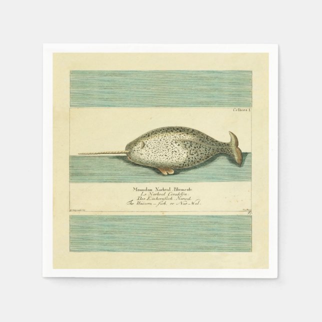 Narwhal Antique Whale Watercolor Scientific Art Napkin (Front)