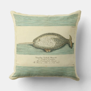 Narwhal Antique Whale Watercolor Scientific Art Outdoor Pillow