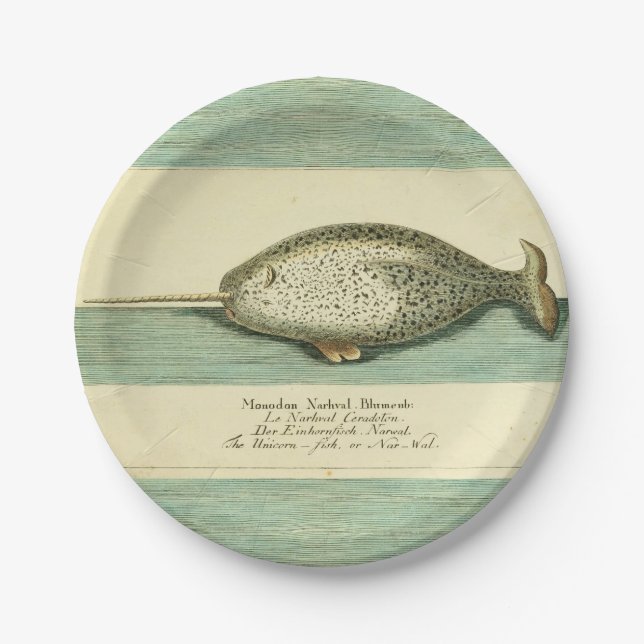 Narwhal Antique Whale Watercolor Scientific Art Paper Plate (Front)