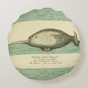 Narwhal Antique Whale Watercolor Scientific Art Round Pillow