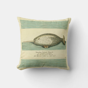Narwhal Antique Whale Watercolor Scientific Art Throw Pillow