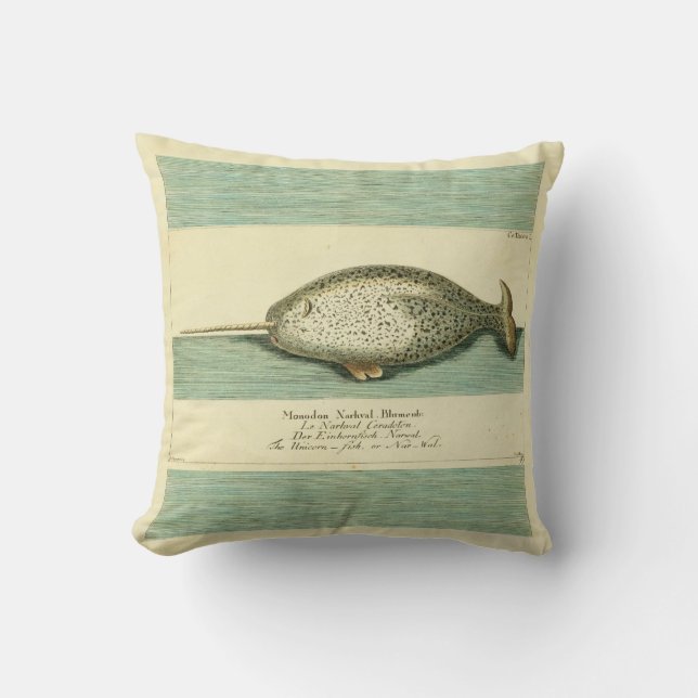 Narwhal Antique Whale Watercolor Scientific Art Throw Pillow (Front)
