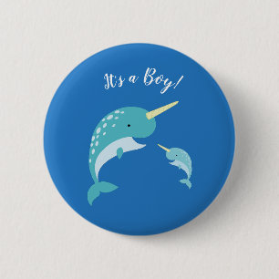 Narwhal Baby Shower Blue Boy Whale 2 Inch Round Button