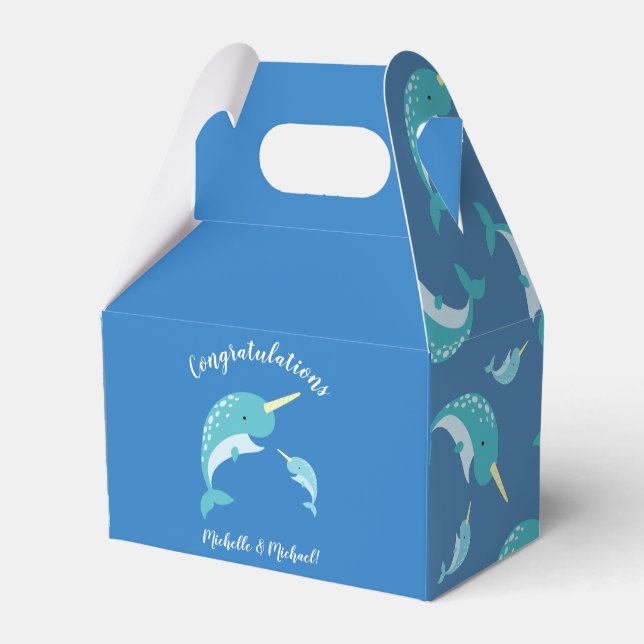 Narwhal Baby Shower Blue Boy Whale Favor Box (Front Side)
