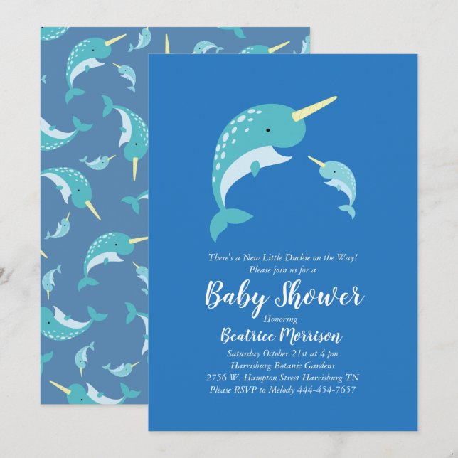 Narwhal Baby Shower Blue Boy Whale Invitation (Front/Back)