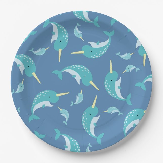 Narwhal Baby Shower Blue Boy Whale Paper Plate (Front)