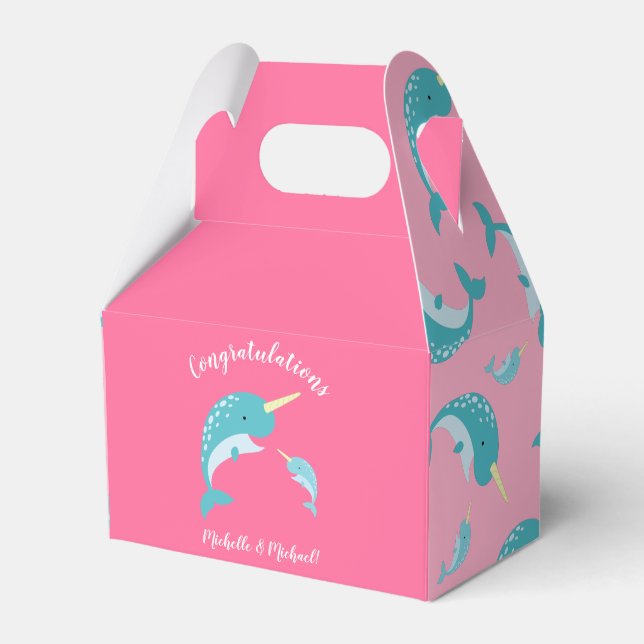 Narwhal Baby Shower Pink Girl Whale Favor Box (Front Side)